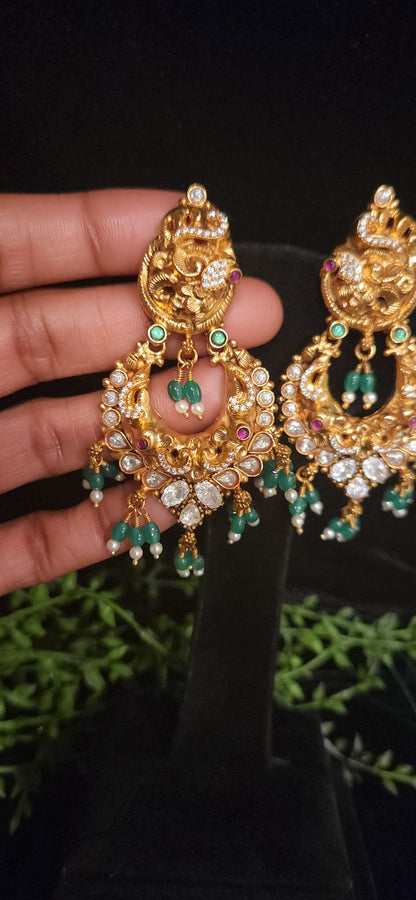 92.5 Silver Nakshi Peacock Chandbali Earrings with Green Drops
