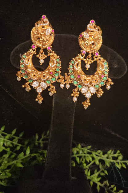 92.5 Silver Nakshi Peacock Chandbali Earrings with Emerald Accents