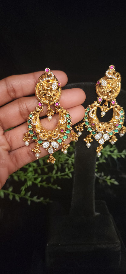 92.5 Silver Nakshi Peacock Chandbali Earrings with Emerald Accents