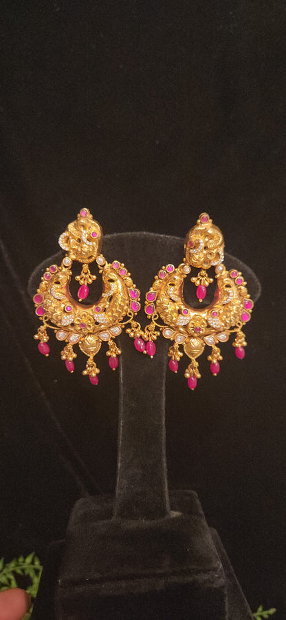 92.5 Silver nakshi Peacock Chandbali Earrings with Ruby Drops