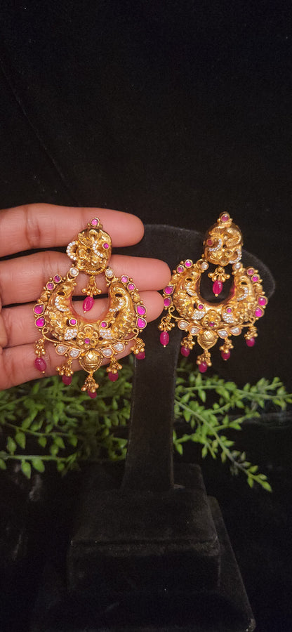 92.5 Silver nakshi Peacock Chandbali Earrings with Ruby Drops