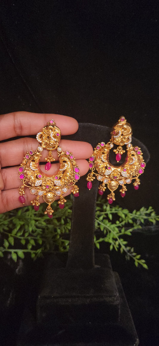 92.5 Silver nakshi Peacock Chandbali Earrings with Ruby Drops