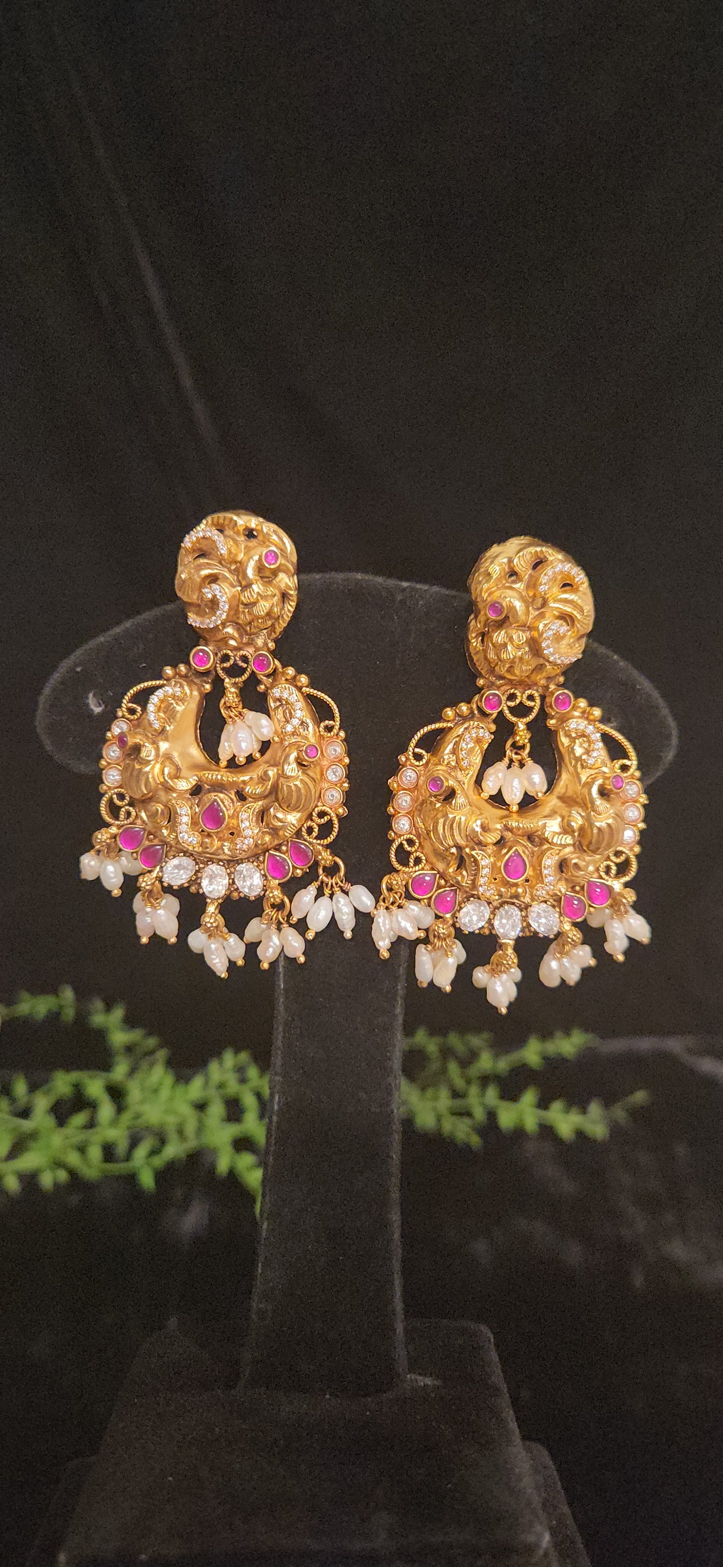 92.5 Silver Antique Peacock Chandbali Earrings with Pearl Drops