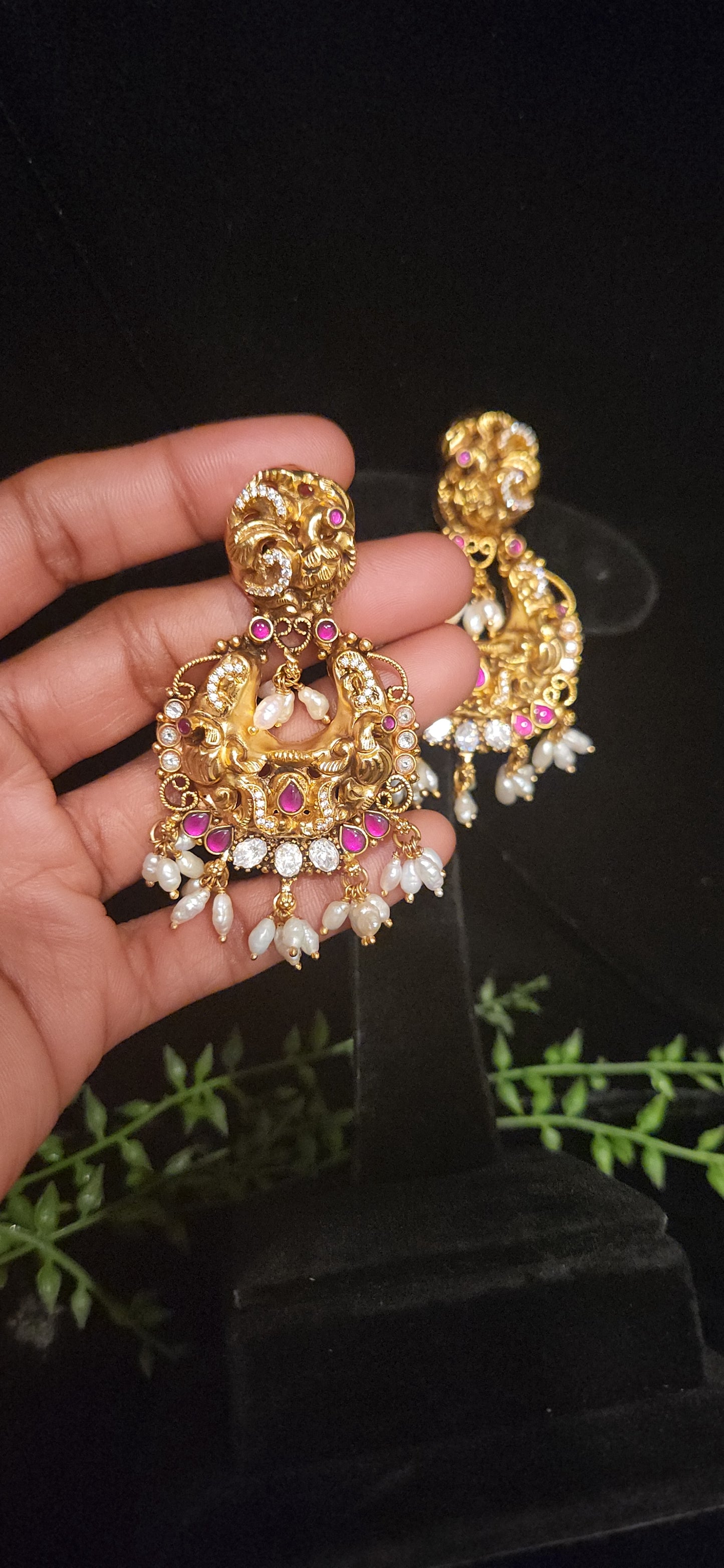 92.5 Silver Antique Peacock Chandbali Earrings with Pearl Drops