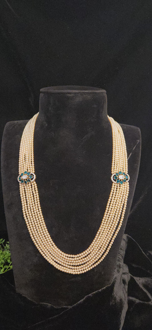 92.5 Sliver Royal Multi-Layer Pearl Haram with Peacock Motif Brooches