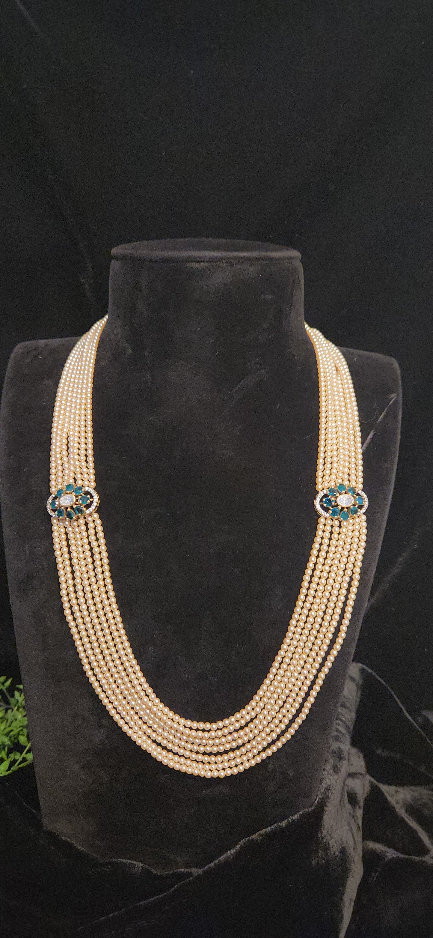 92.5 Sliver Royal Multi-Layer Pearl Haram with Peacock Motif Brooches
