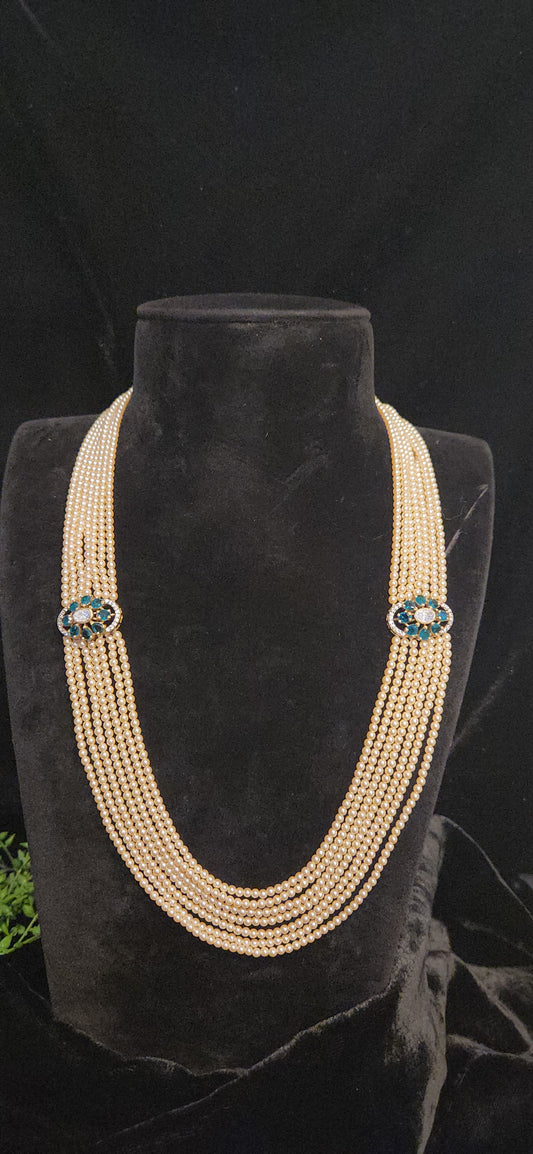 92.5 Sliver Royal Multi-Layer Pearl Haram with Peacock Motif Brooches
