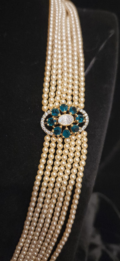 92.5 Sliver Royal Multi-Layer Pearl Haram with Peacock Motif Brooches