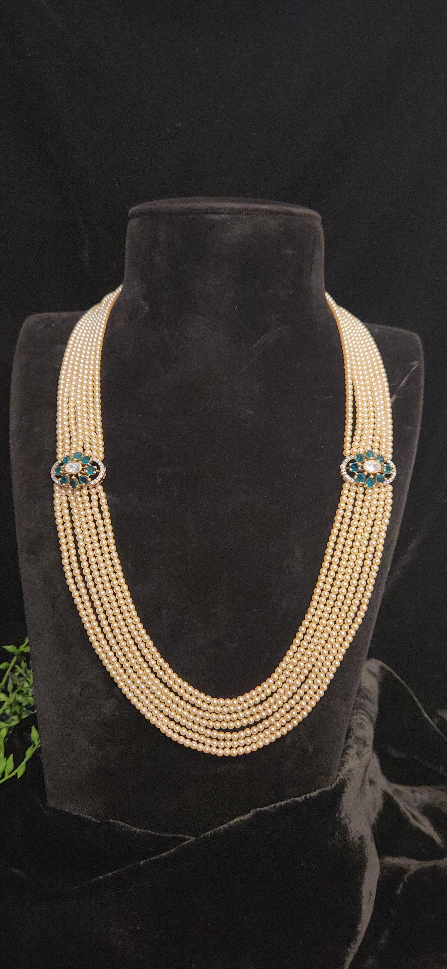 92.5 Sliver Royal Multi-Layer Pearl Haram with Peacock Motif Brooches