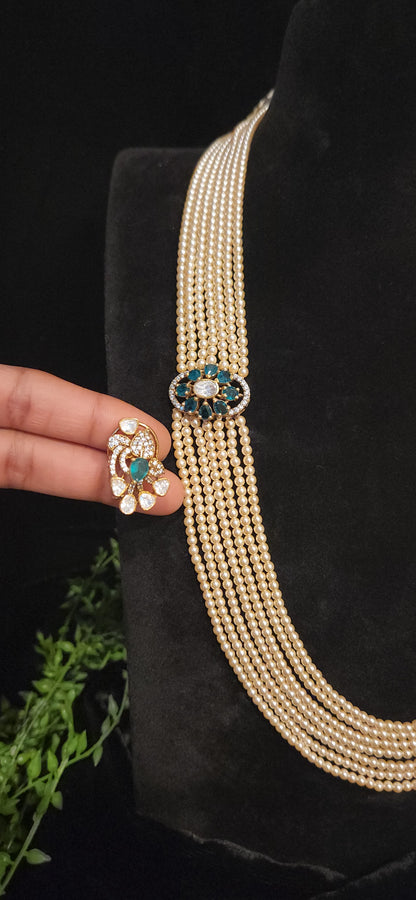 92.5 Sliver Royal Multi-Layer Pearl Haram with Peacock Motif Brooches