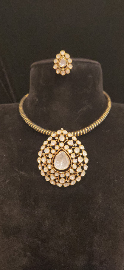 Royal Polki Moissanite Pendant Set with Goldfoil Hasli