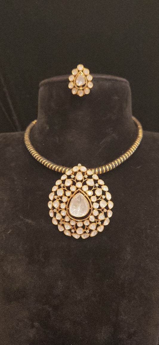 Royal Polki Moissanite Pendant Set with Goldfoil Hasli