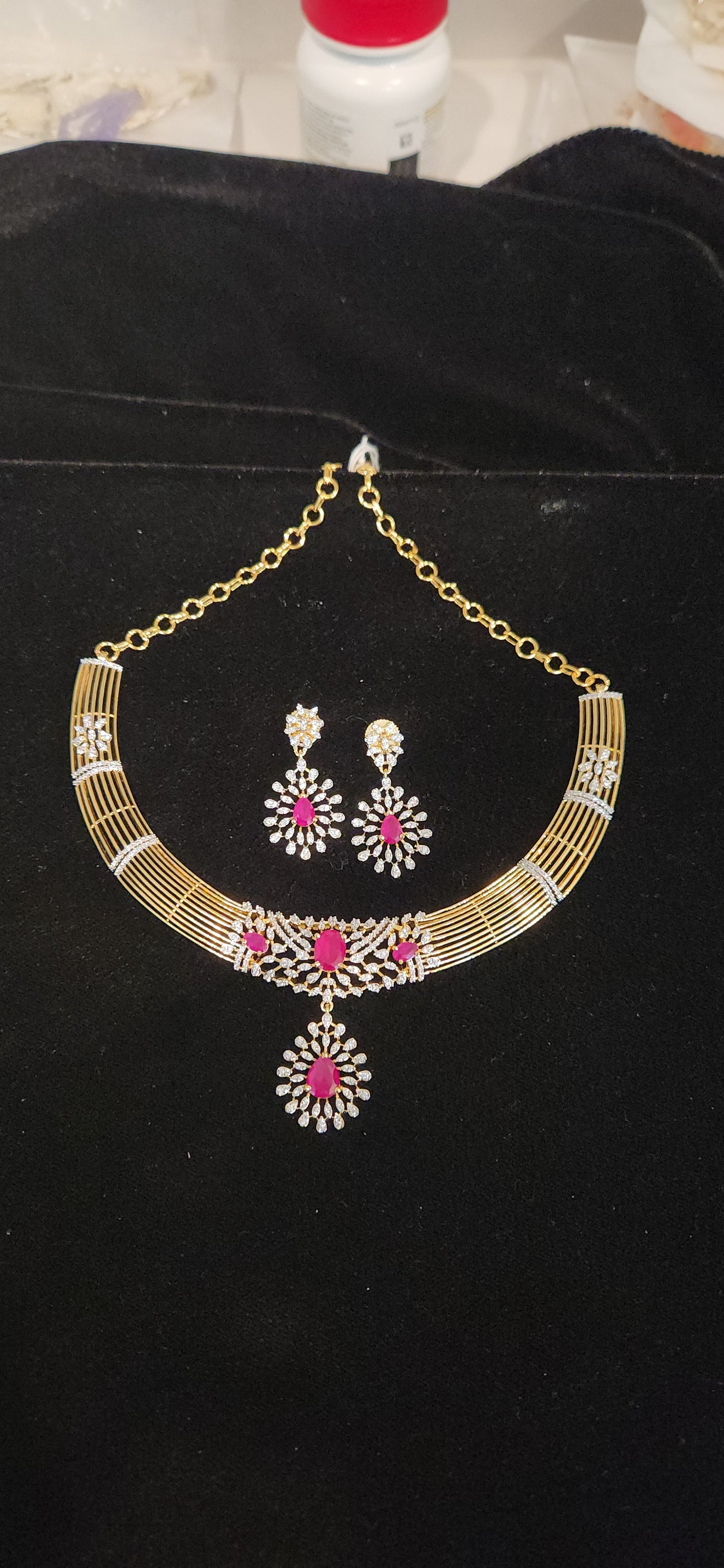 Elegant CZ Kante Necklace Set with Ruby Pink Stones