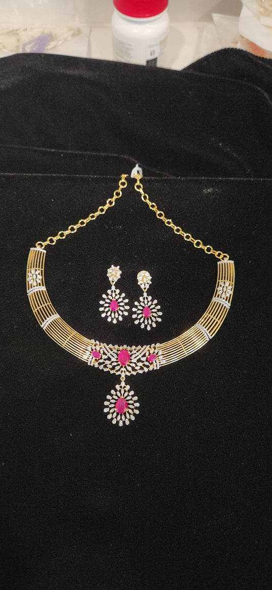 Elegant CZ Kante Necklace Set with Ruby Pink Stones