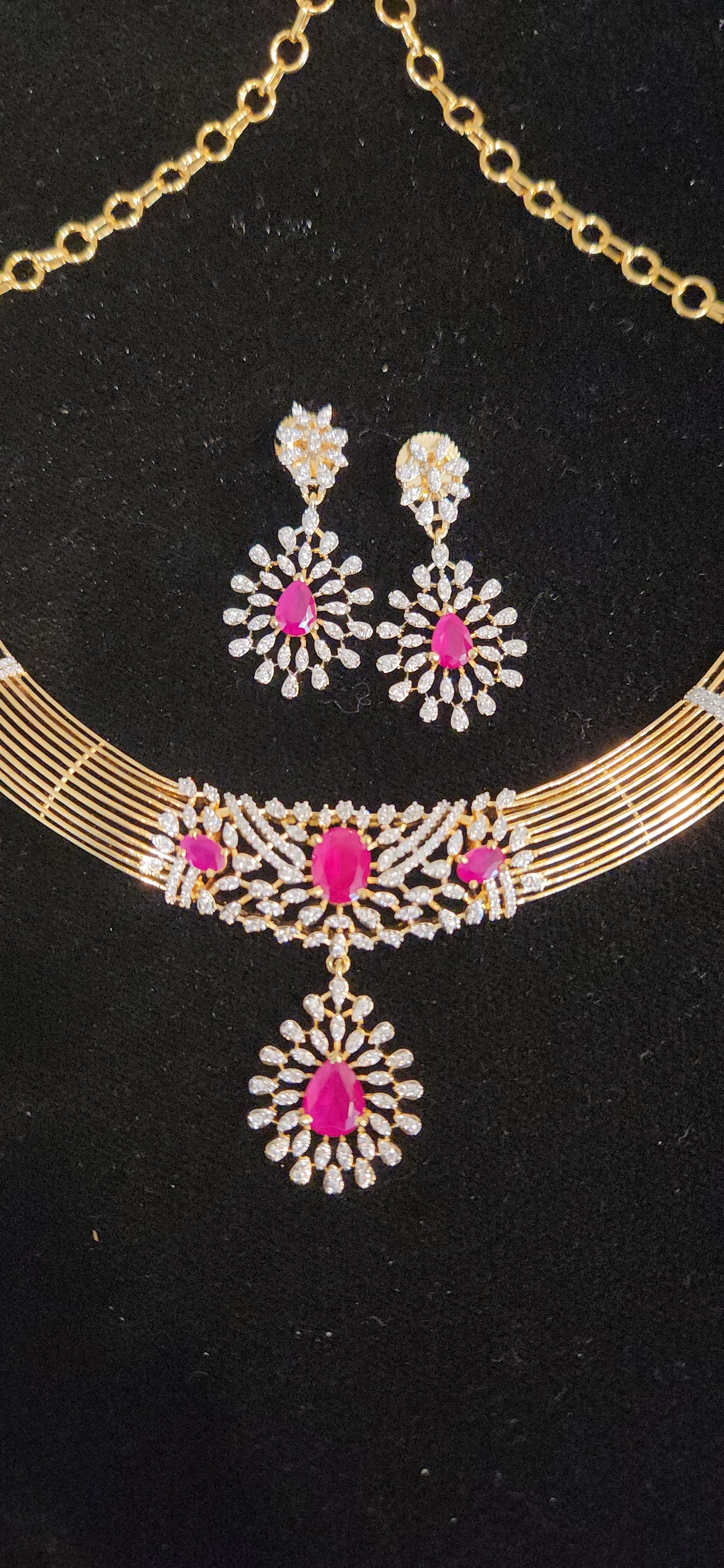 Elegant CZ Kante Necklace Set with Ruby Pink Stones