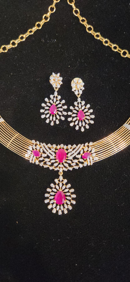 Elegant CZ Kante Necklace Set with Ruby Pink Stones
