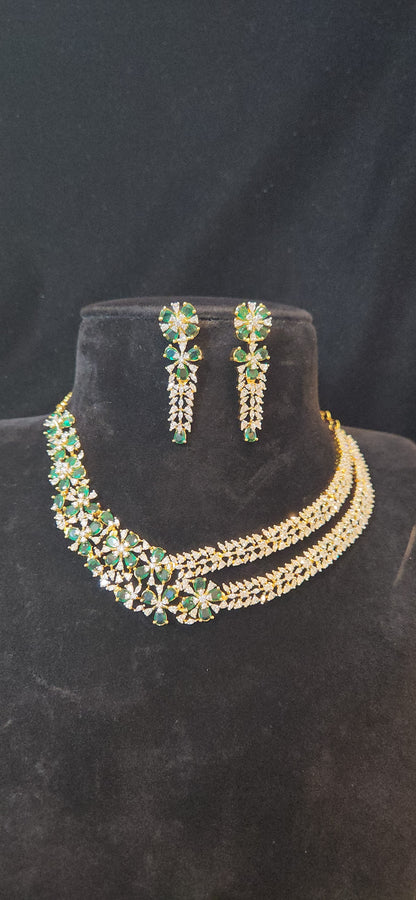 Green Blossom Layered CZ Necklace Set