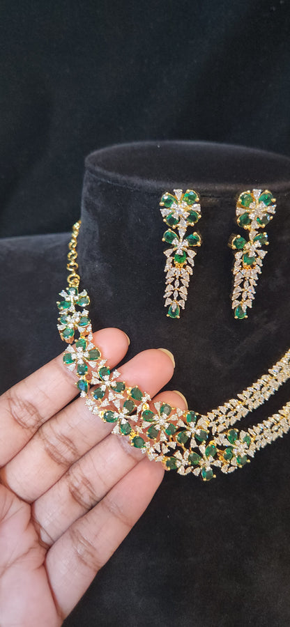 Green Blossom Layered CZ Necklace Set