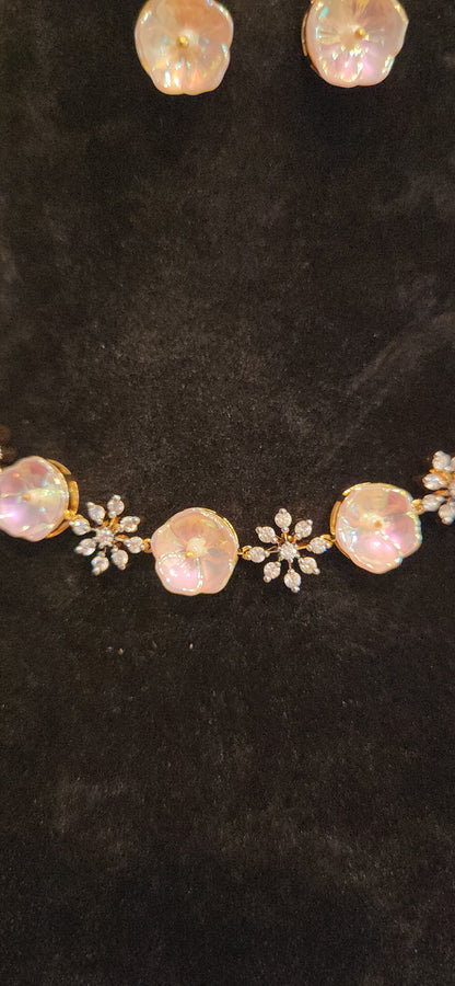 Luxury CZ Pearl Floral Necklace Set