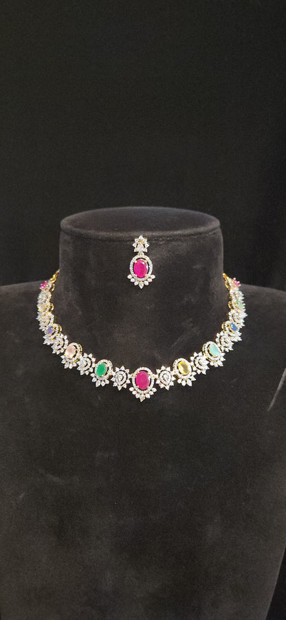 Luxury CZ Navaratna Necklace Set