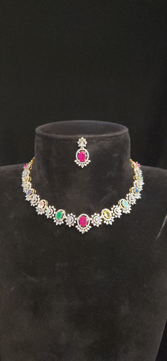 Luxury CZ Navaratna Necklace Set
