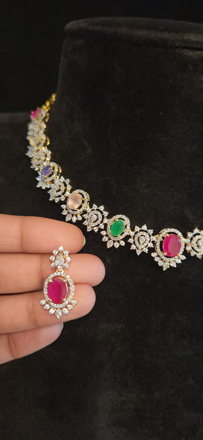 Luxury CZ Navaratna Necklace Set