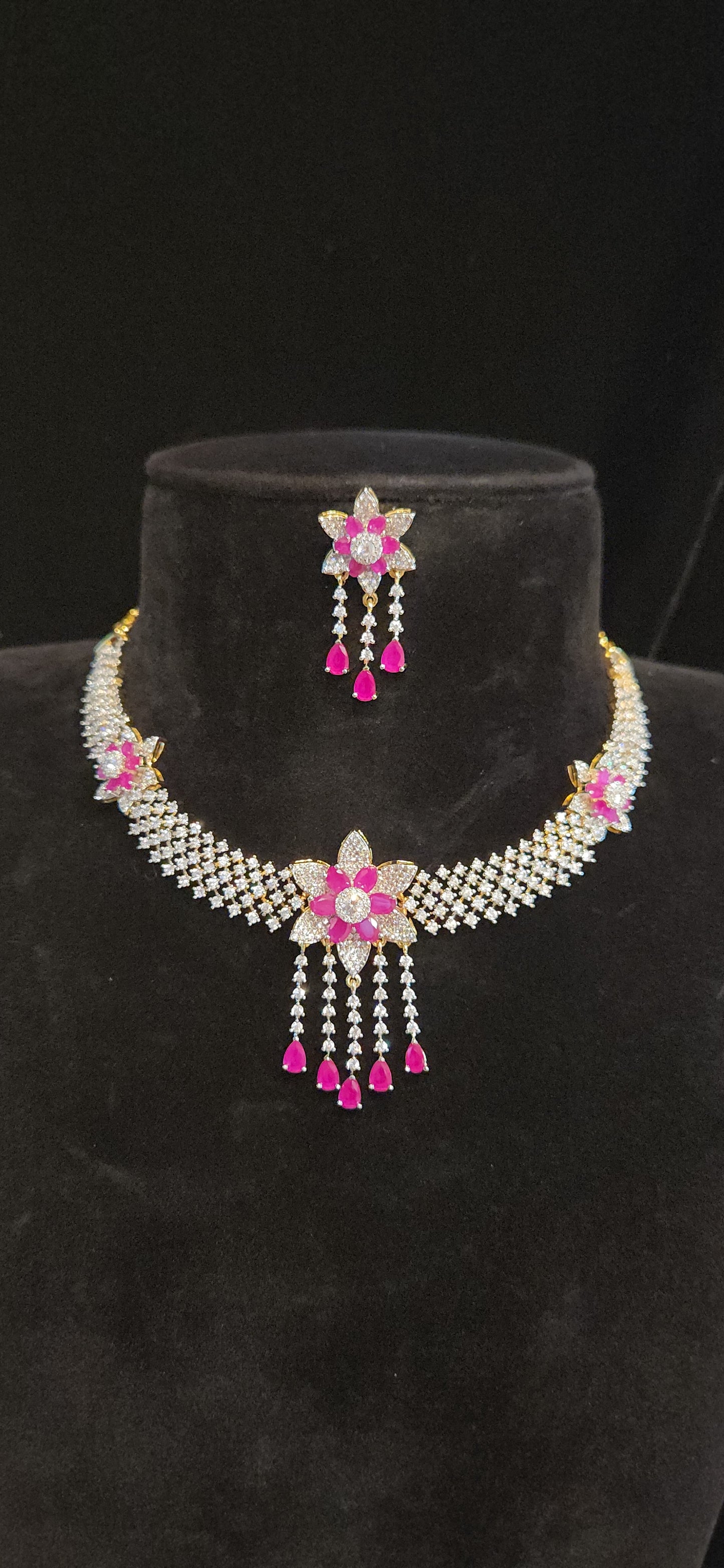 Floral CZ Necklace Set with Ruby Pink Stone Danglers