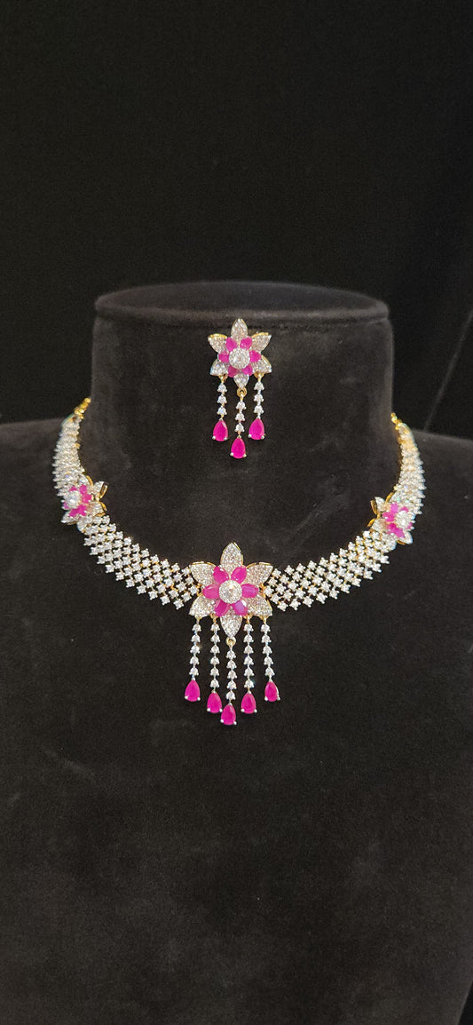 Floral CZ Necklace Set with Ruby Pink Stone Danglers