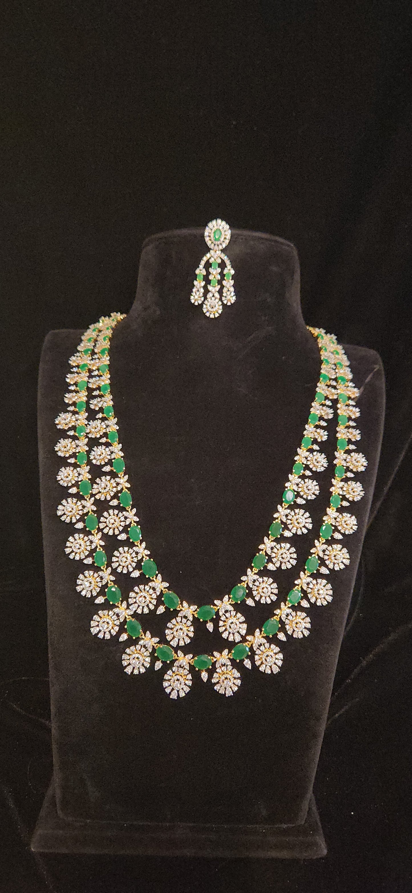 Luxury CZ Double Layer Long Haram Set with Emerald Green Stones