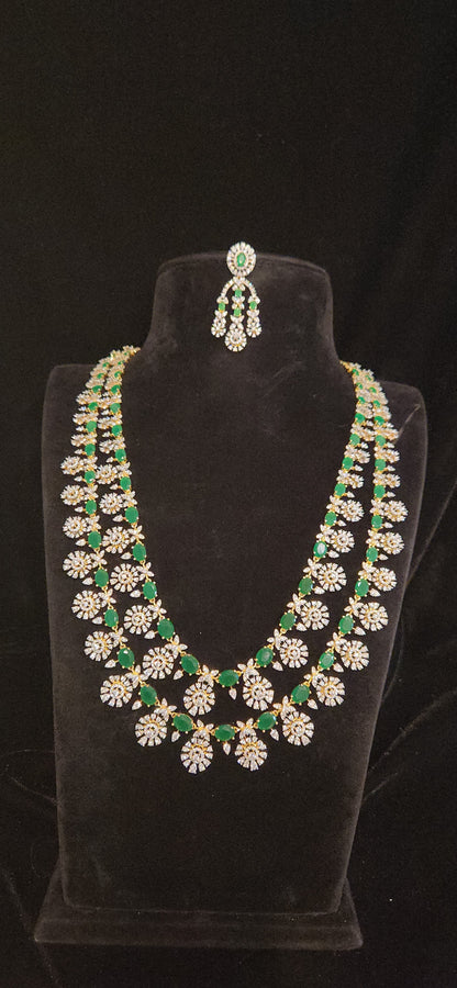 Luxury CZ Double Layer Long Haram Set with Emerald Green Stones