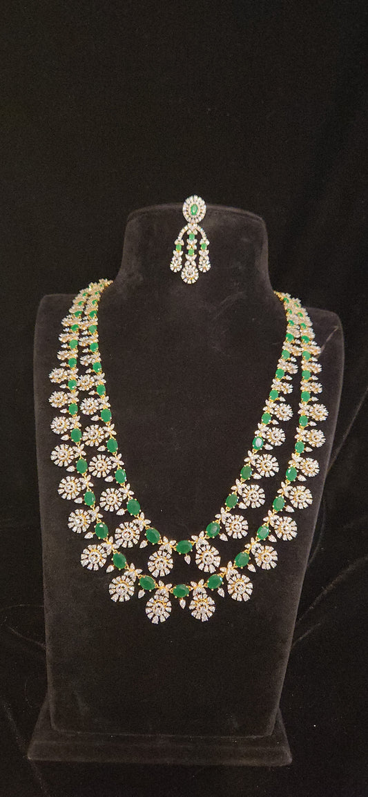 Luxury CZ Double Layer Long Haram Set with Emerald Green Stones
