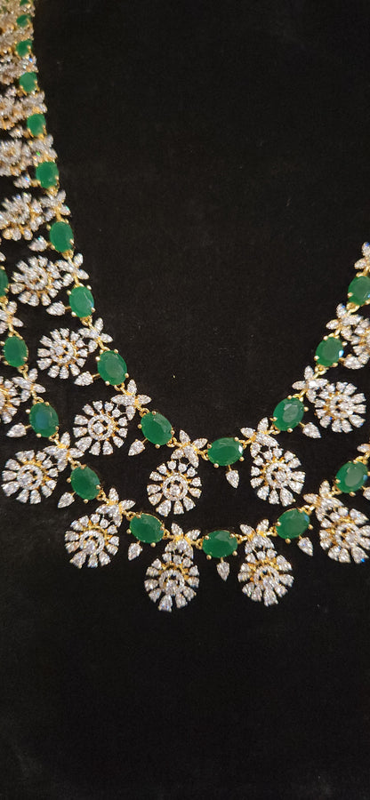 Luxury CZ Double Layer Long Haram Set with Emerald Green Stones