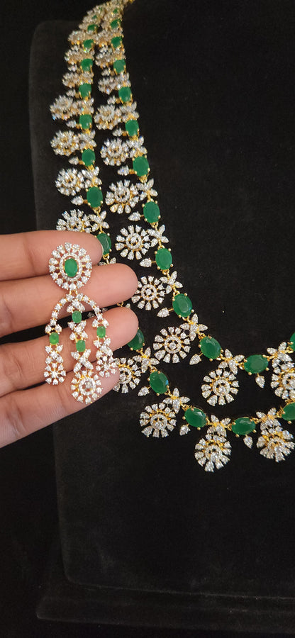 Luxury CZ Double Layer Long Haram Set with Emerald Green Stones