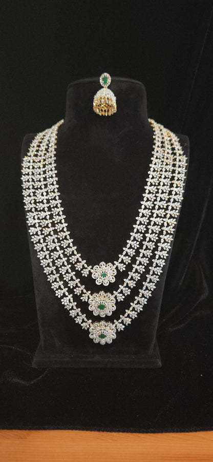 Luxury CZ Triple Layer Long Haram Set with Emerald Green Stones