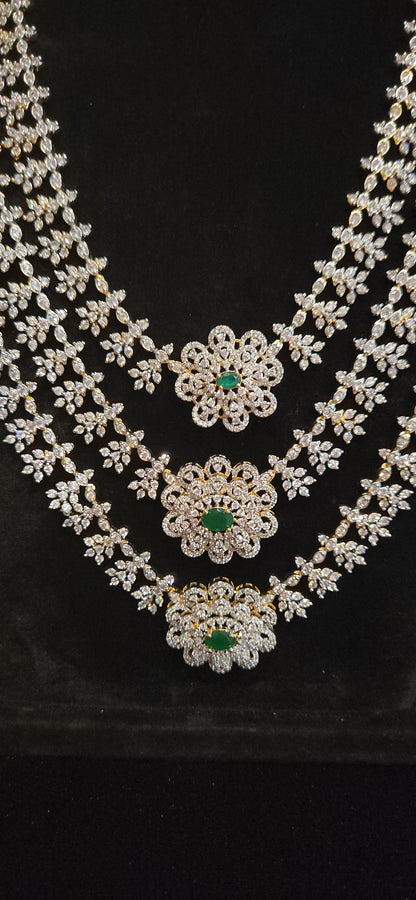 Luxury CZ Triple Layer Long Haram Set with Emerald Green Stones