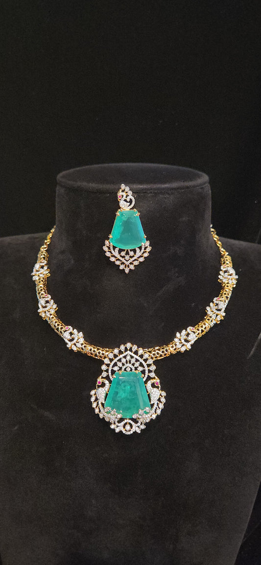 Luxury CZ Kante Necklace Set with Emerald Green Pendant & Peacock Design
