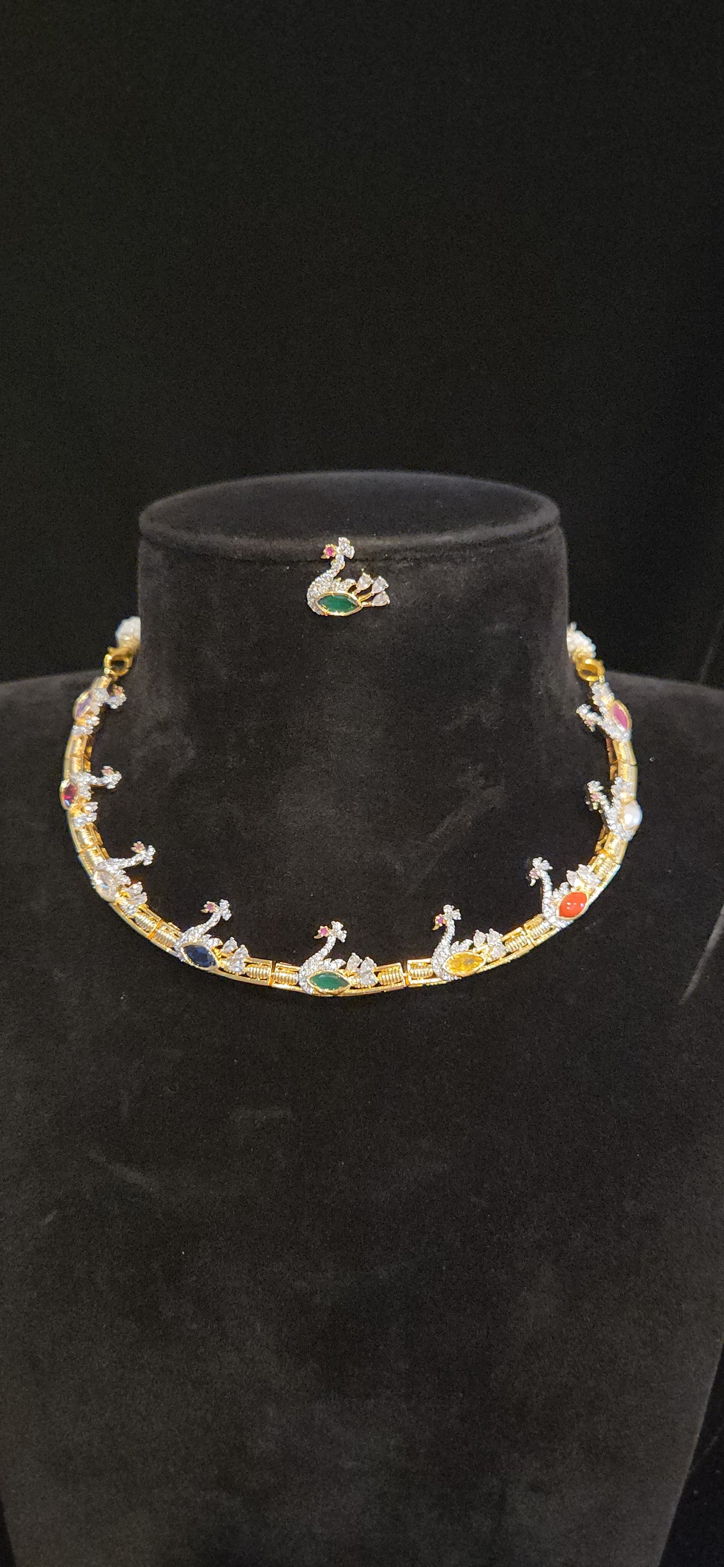 Premium CZ Peacock Hasli Necklace Set with Multicolor Stones