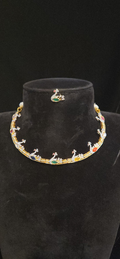 Premium CZ Peacock Hasli Necklace Set with Multicolor Stones