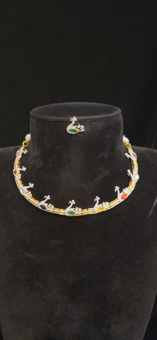 Premium CZ Peacock Hasli Necklace Set with Multicolor Stones