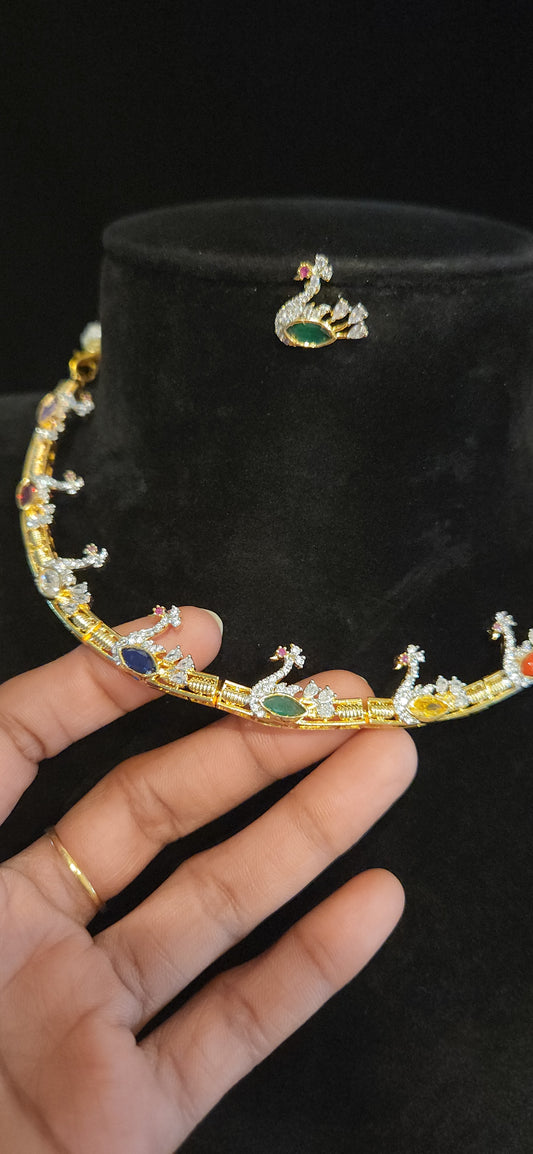 Premium CZ Peacock Hasli Necklace Set with Multicolor Stones