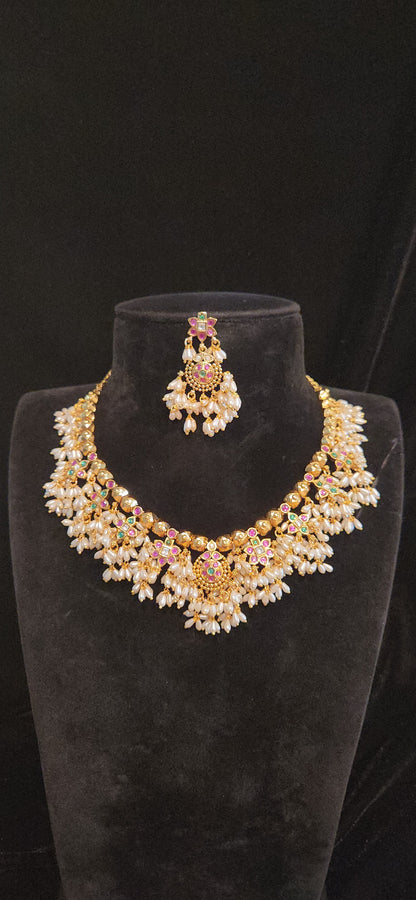 Gold Finish Guttapusalu Gundla Mala Necklace Set