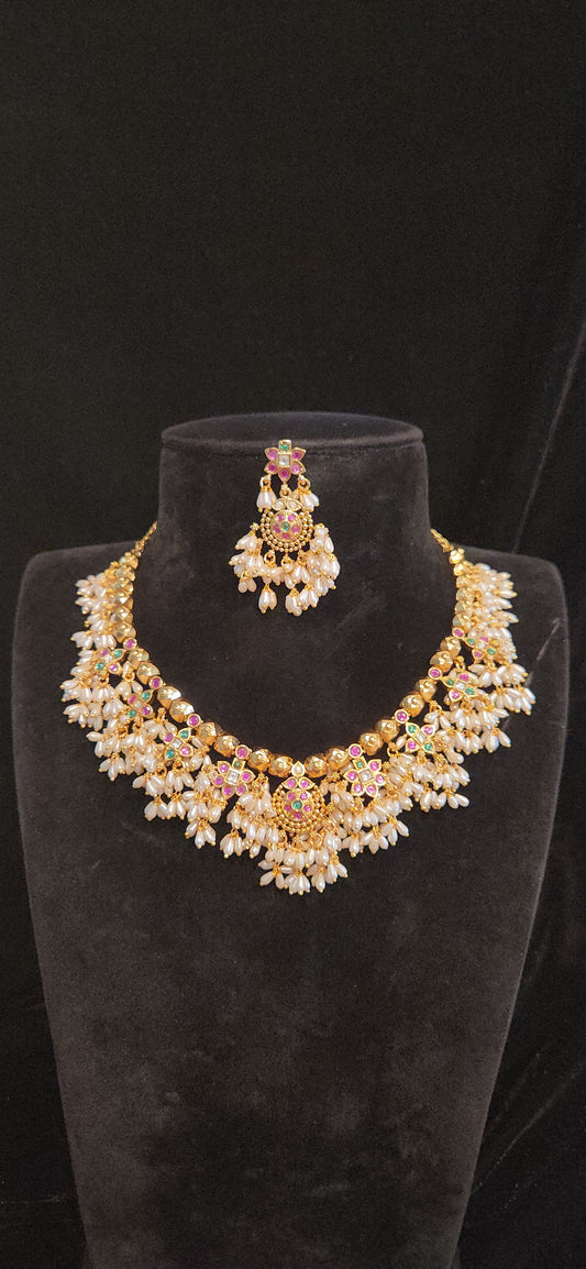 Gold Finish Guttapusalu Gundla Mala Necklace Set