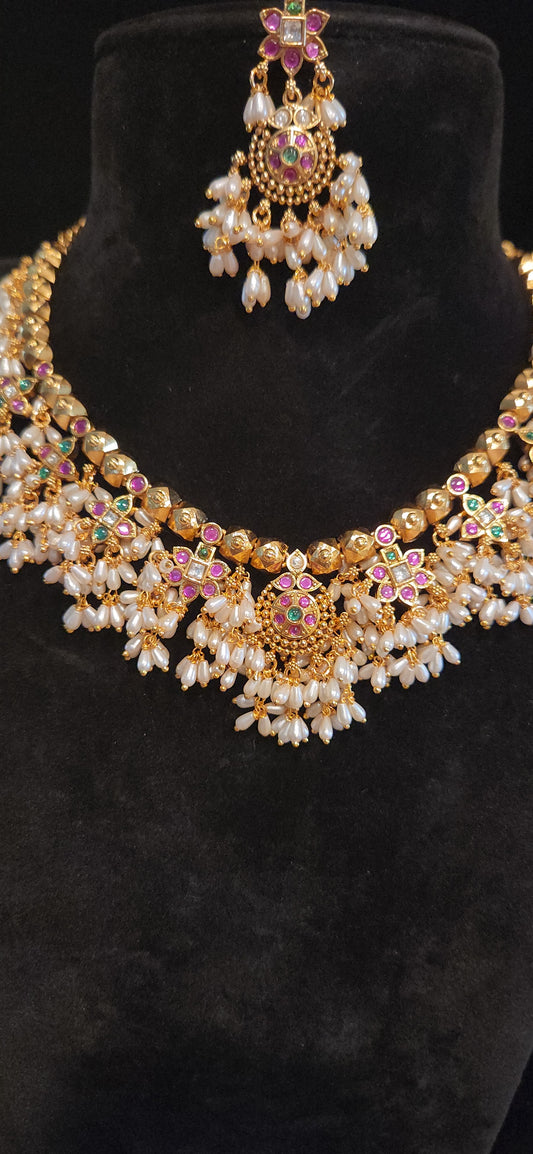 Gold Finish Guttapusalu Gundla Mala Necklace Set
