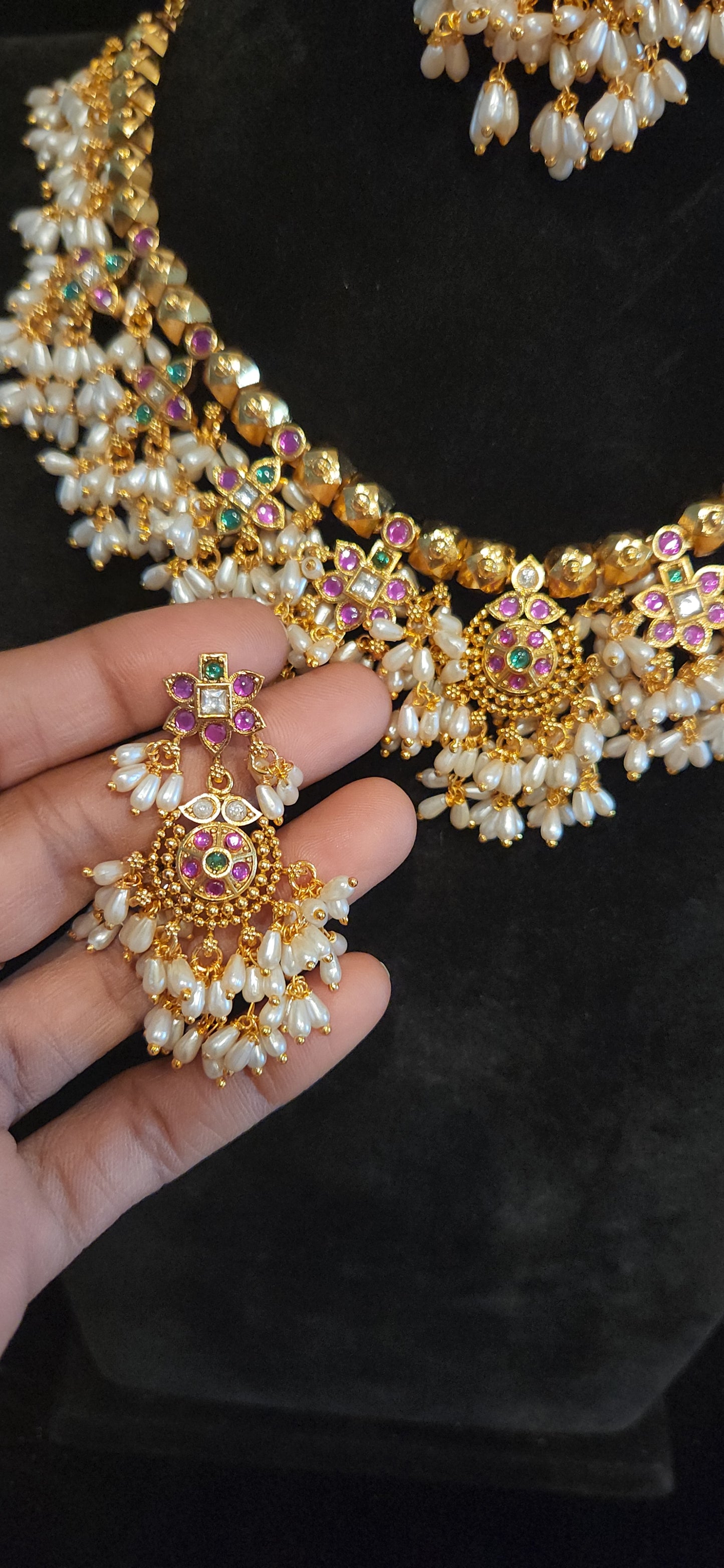 Gold Finish Guttapusalu Gundla Mala Necklace Set