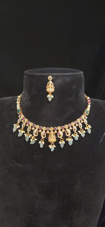 Antique Matt Finish Lakshmi Temple Simple Necklace Set with Kemp Stones