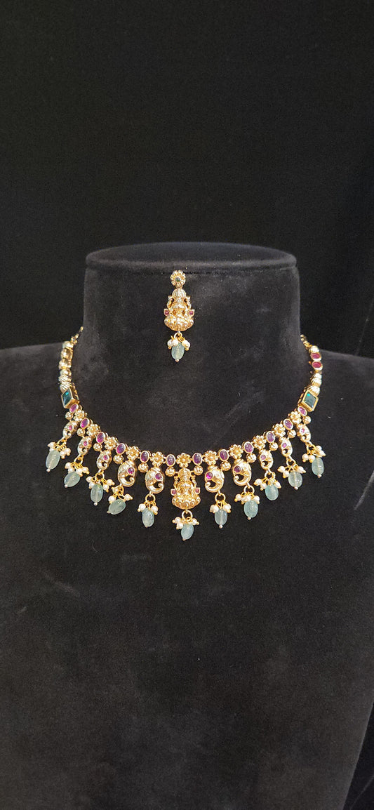 Antique Matt Finish Lakshmi Temple Simple Necklace Set with Kemp Stones