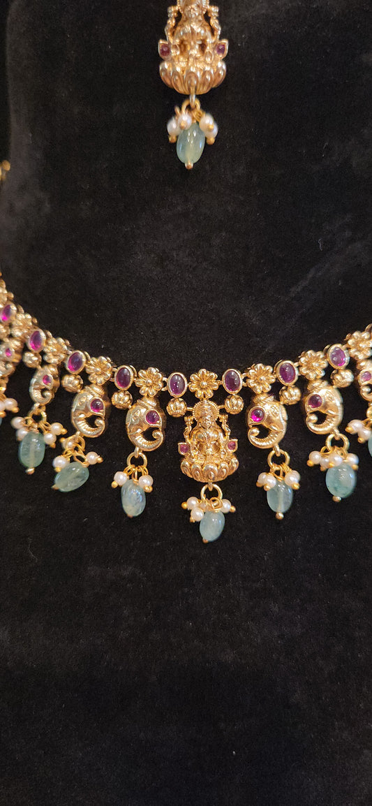 Antique Matt Finish Lakshmi Temple Simple Necklace Set with Kemp Stones