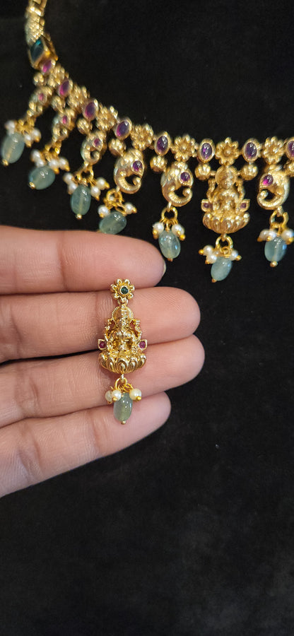 Antique Matt Finish Lakshmi Temple Simple Necklace Set with Kemp Stones