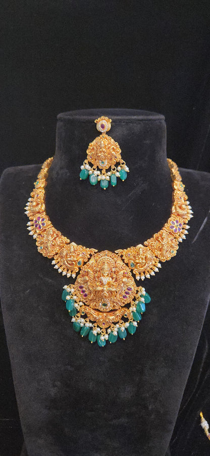 Premium Antique Gold Finish Lakshmi Temple Necklace Set