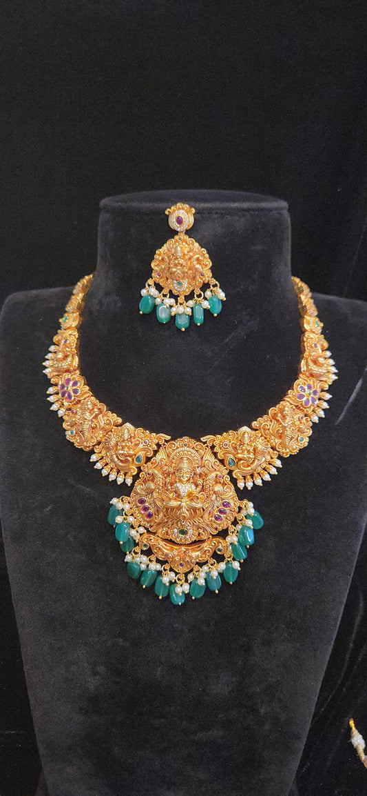 Premium Antique Gold Finish Lakshmi Temple Necklace Set